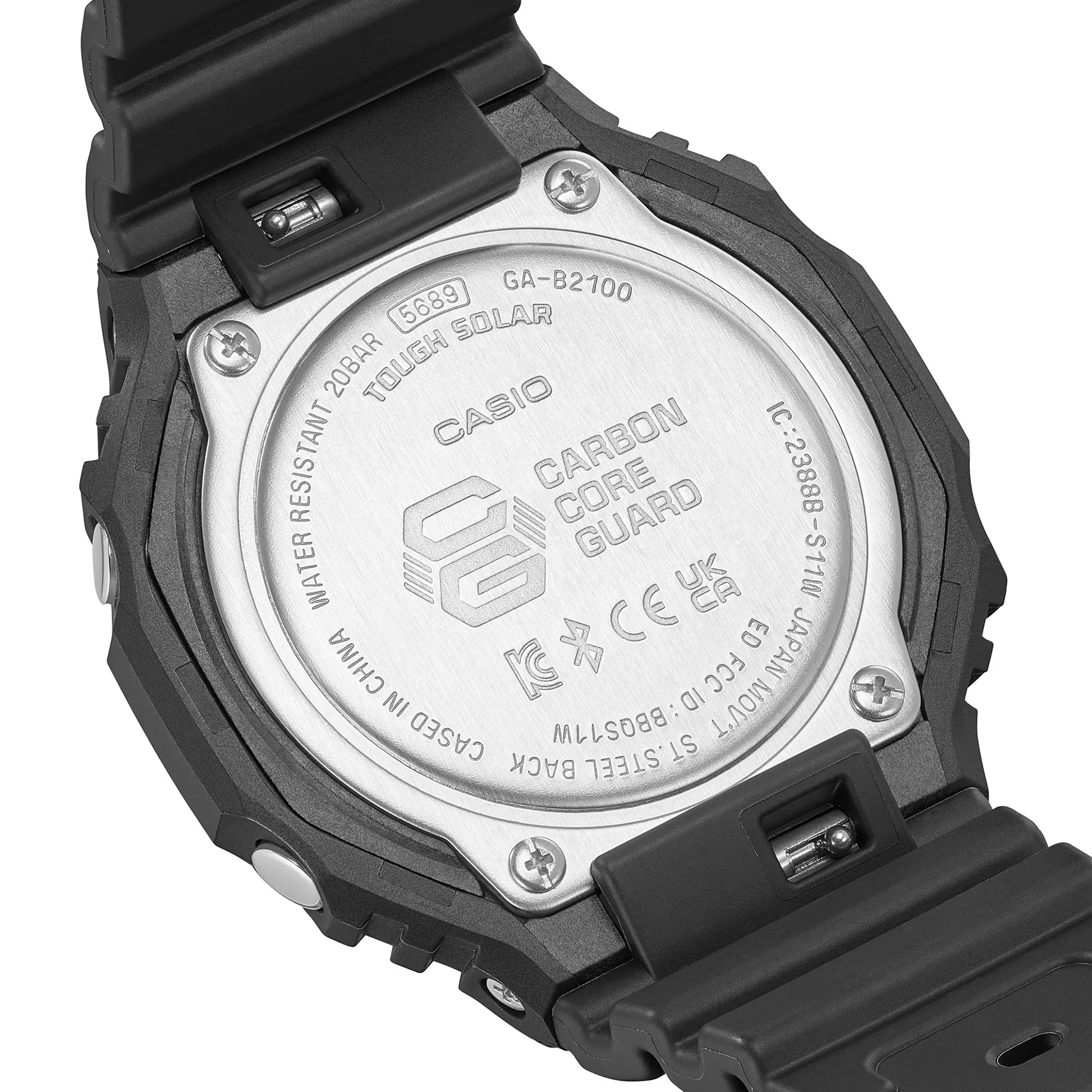 Casio G-Shock herrklocka baksida med silverfärgad boett och skruvar på höljet
