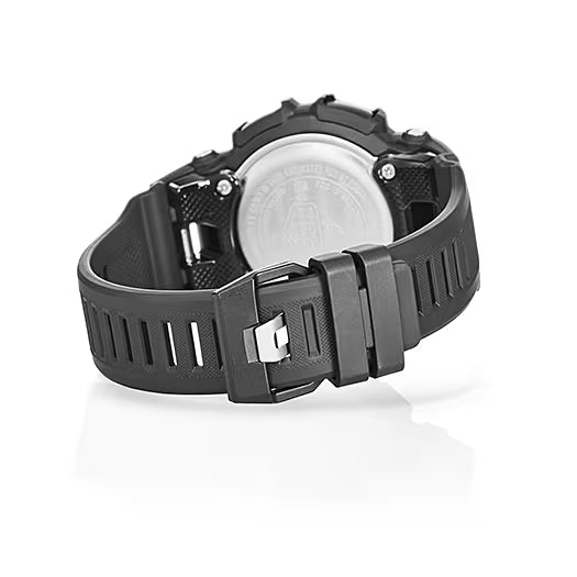 Armbandsur för herrar med svart armband och spänne, boetten sedd delvis bakifrån