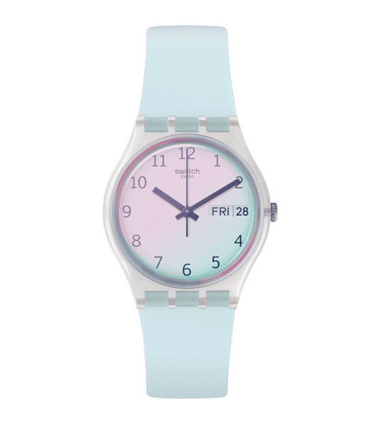 Swatch Originals GE713 Damen Armbanduhr Hellblau • Swatch Solar Spectrum Glas • Leichtes Silikonarmband