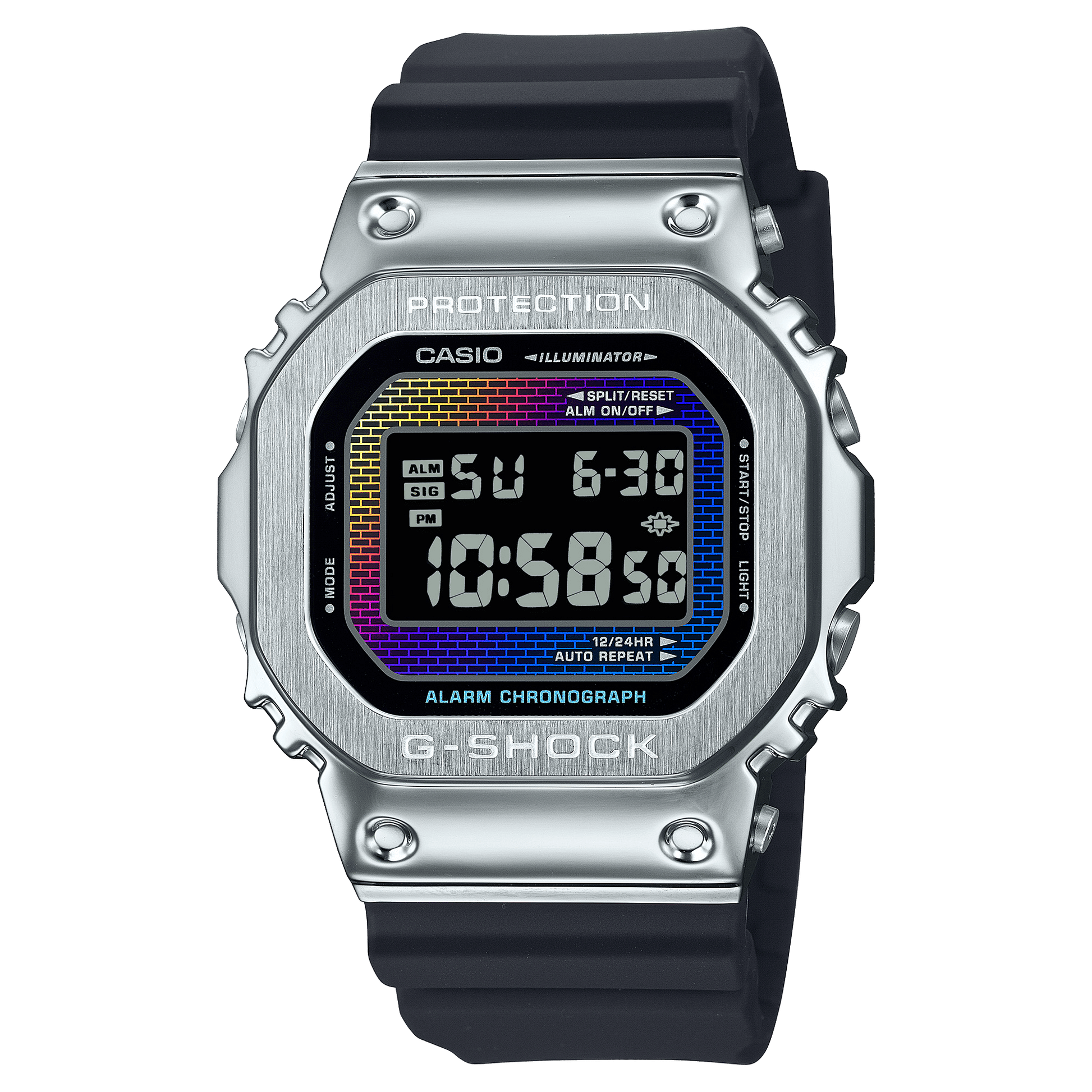G-Shock G-Steel Herren-Uhr mit silbernem Edelstahlgehäuse, schwarzem Silikonband und bunter Anzeige