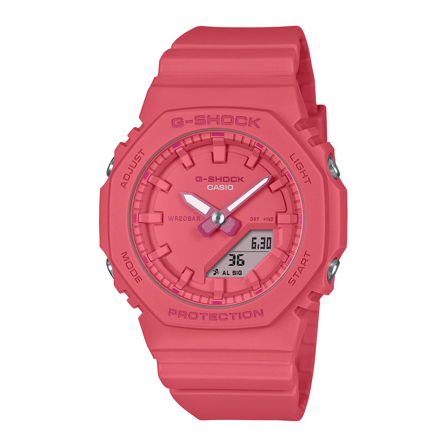 Casio G-Shock damklocka med rosa silikonarmband och rund digital/analog urtavla