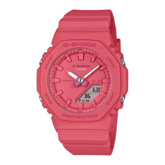 Casio G-Shock damklocka med rosa silikonarmband och rund digital/analog urtavla