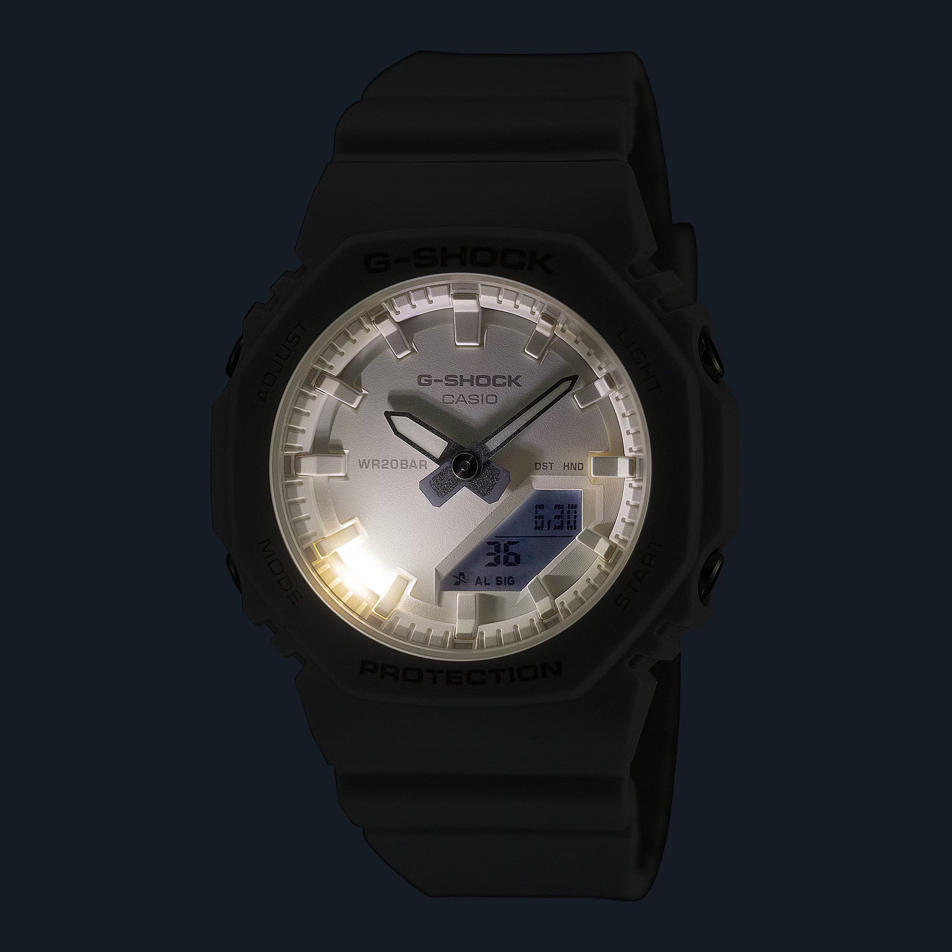 Casio G-Shock damklocka med svart armband och lysande analog urtavla