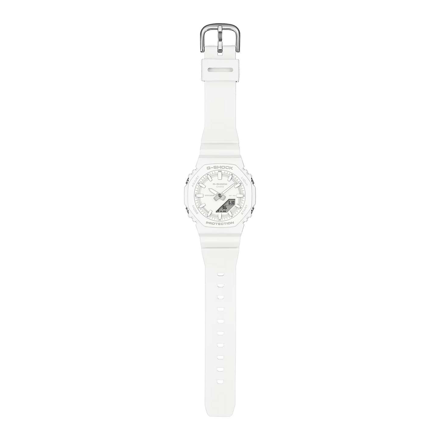 Casio G-Shock damklocka med vitt armband och rund digital urtavla