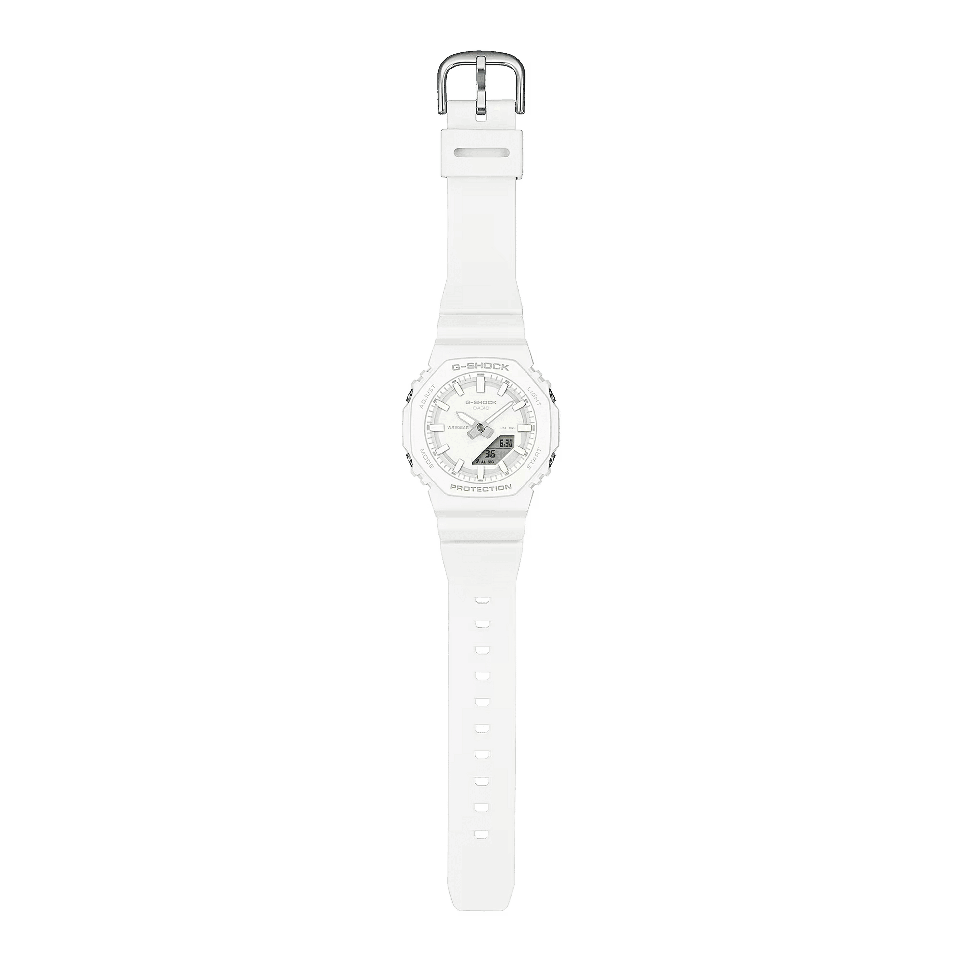 Casio G-Shock damklocka med vitt armband och rund digital urtavla