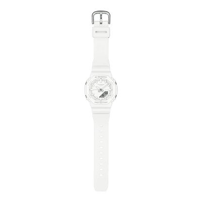 Casio G-Shock damklocka med vitt armband och rund digital urtavla