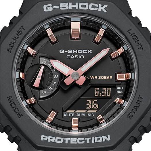 Casio G-Shock damklocka, svart urtavla med kopparfärgade markeringar