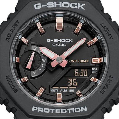 Casio G-Shock damklocka, svart urtavla med kopparfärgade markeringar