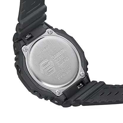 G-Shock damklocka: baksida i metall med gravyr och svart boettring på gummiband