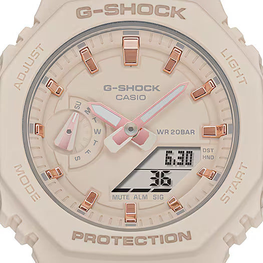 Casio G-Shock damklocka med beige silikonarmband och urtavla i roséguld