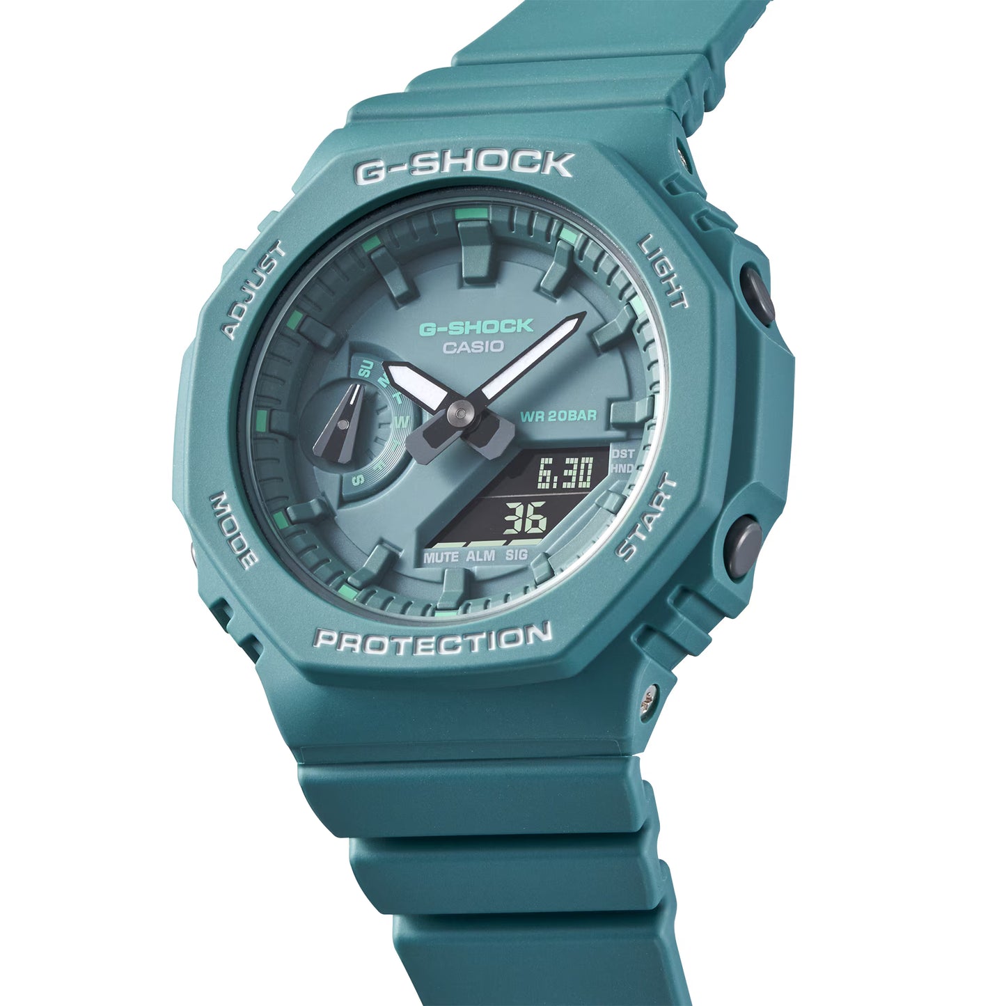 Casio G-Shock damklocka med blågrönt armband och digital-analog urtavla