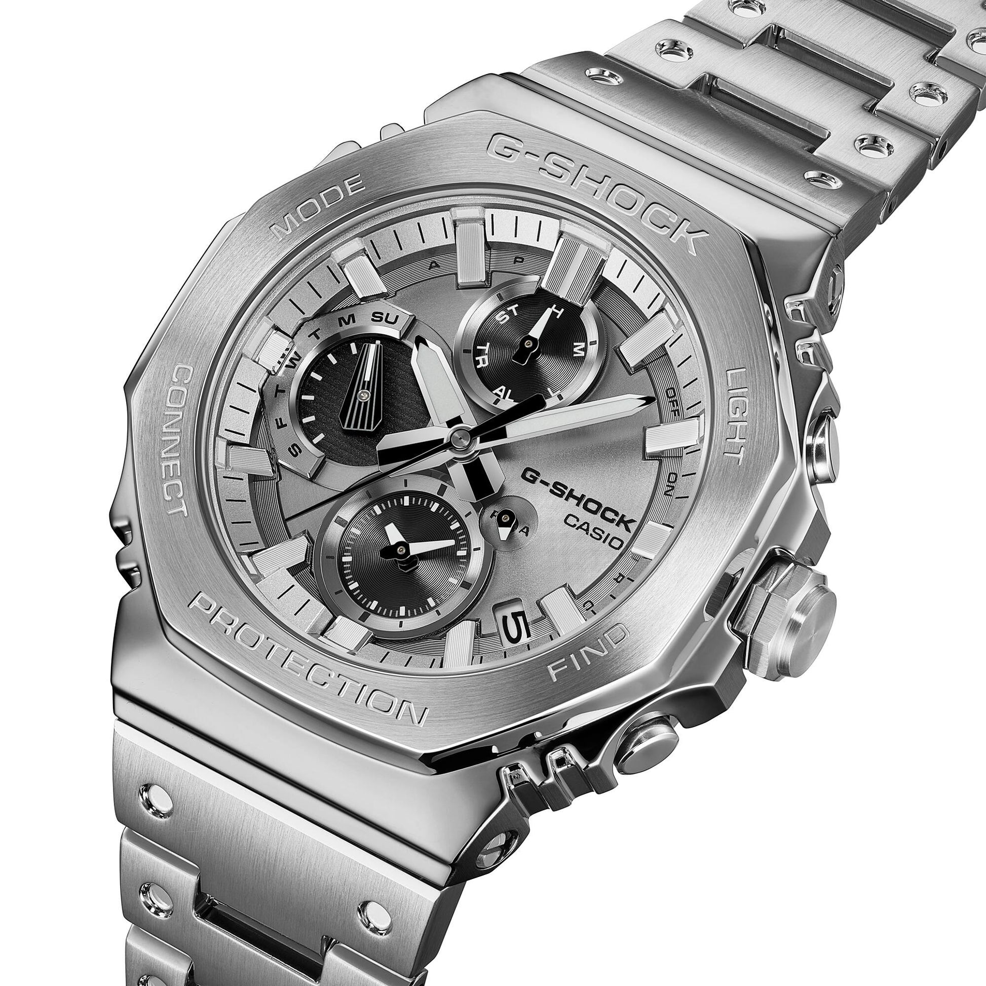 Silberfarbene Herrenarmbanduhr mit G-SHOCK Zifferblatt und Metallarmband, seitliche Ansicht