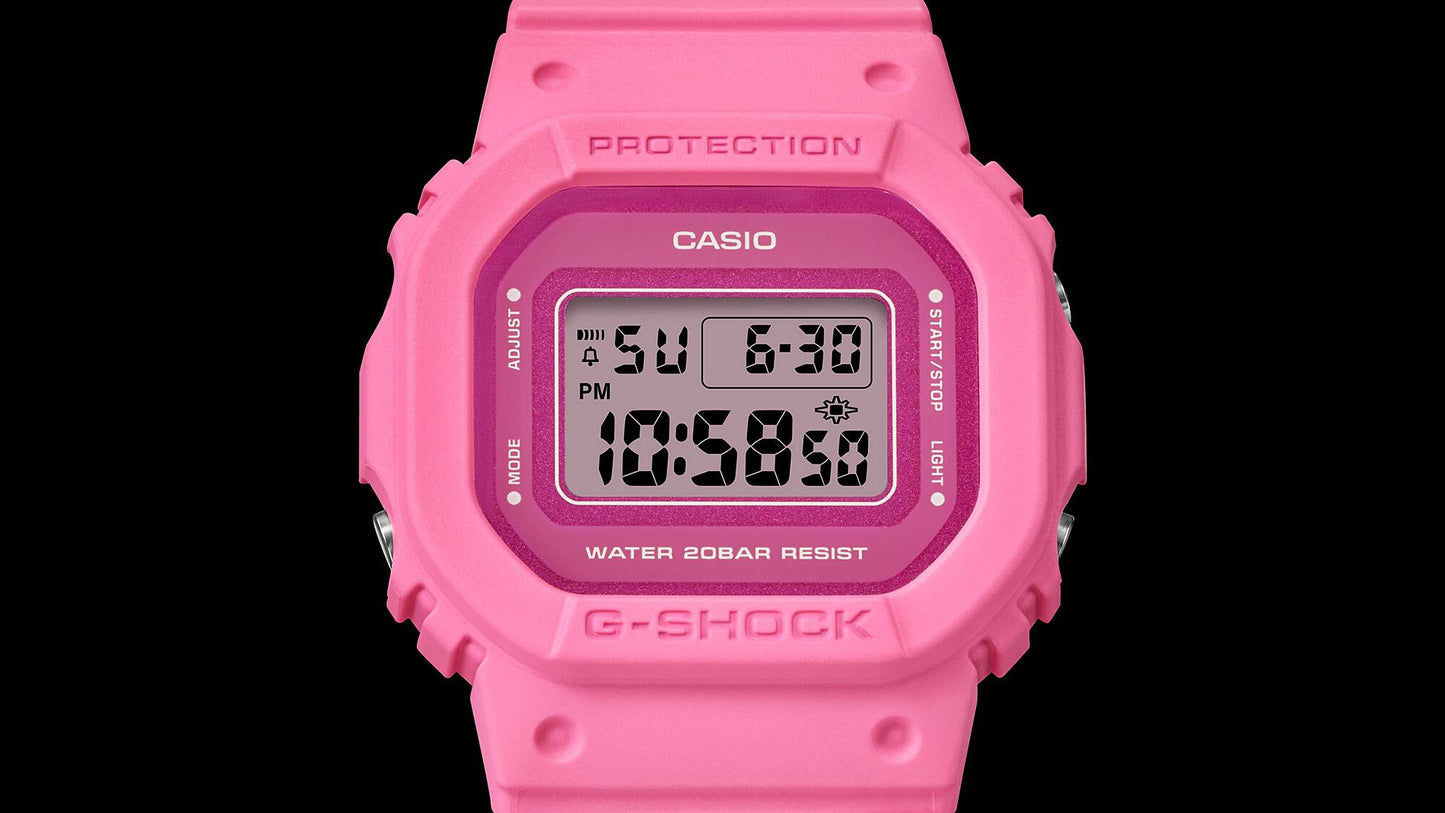 Casio G‑SHOCK Damenuhr, pinkes Resingehäuse mit digitalem LCD und Statusanzeigen