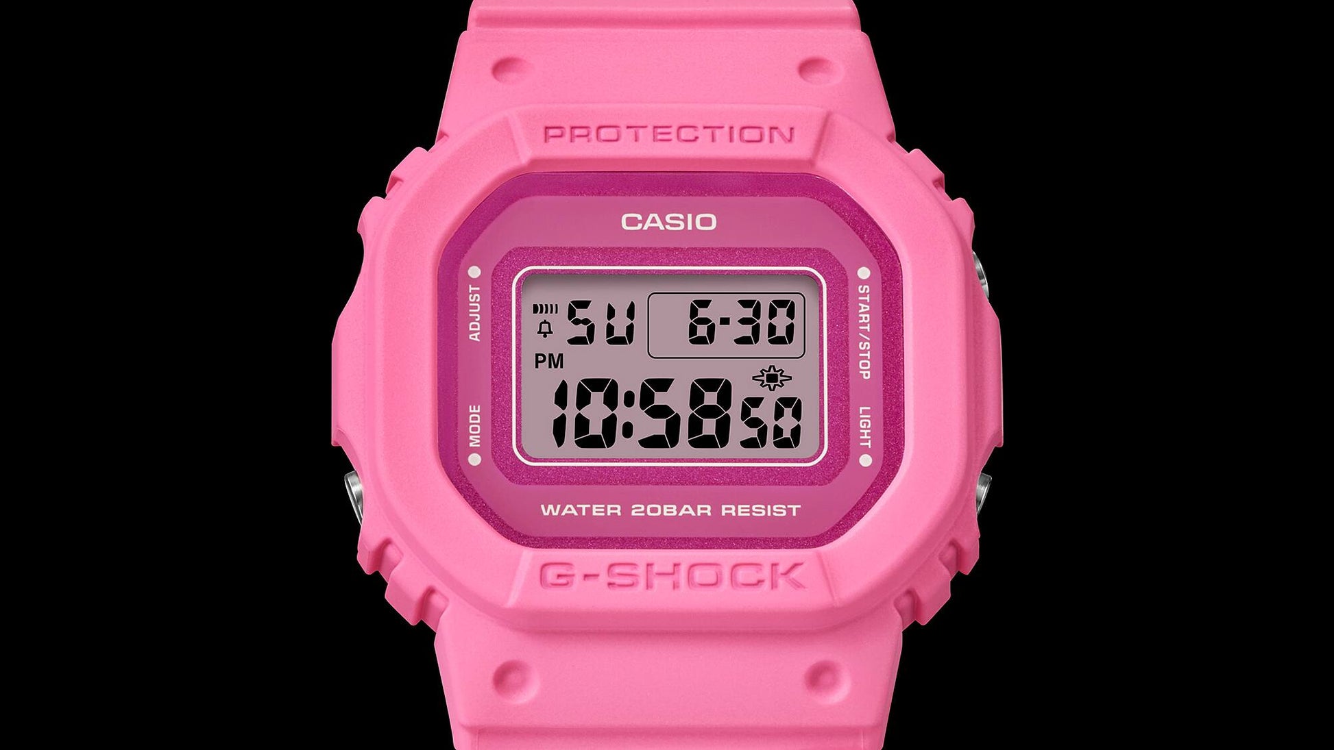 Casio G‑SHOCK Damenuhr, pinkes Resingehäuse mit digitalem LCD und Statusanzeigen