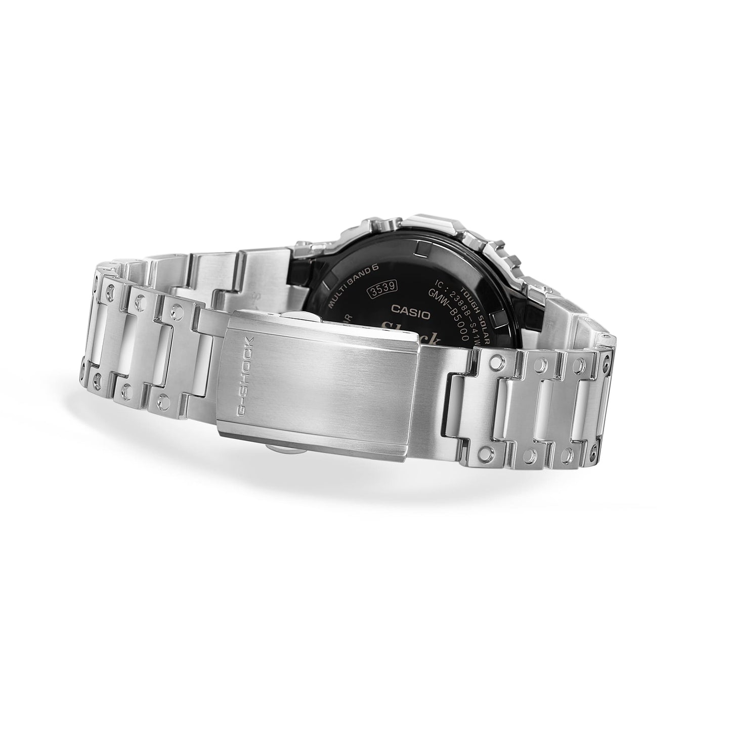 Casio G‑Shock Herrenuhr mit silbernem Vollmetallarmband und schwarzem Zifferblatt.