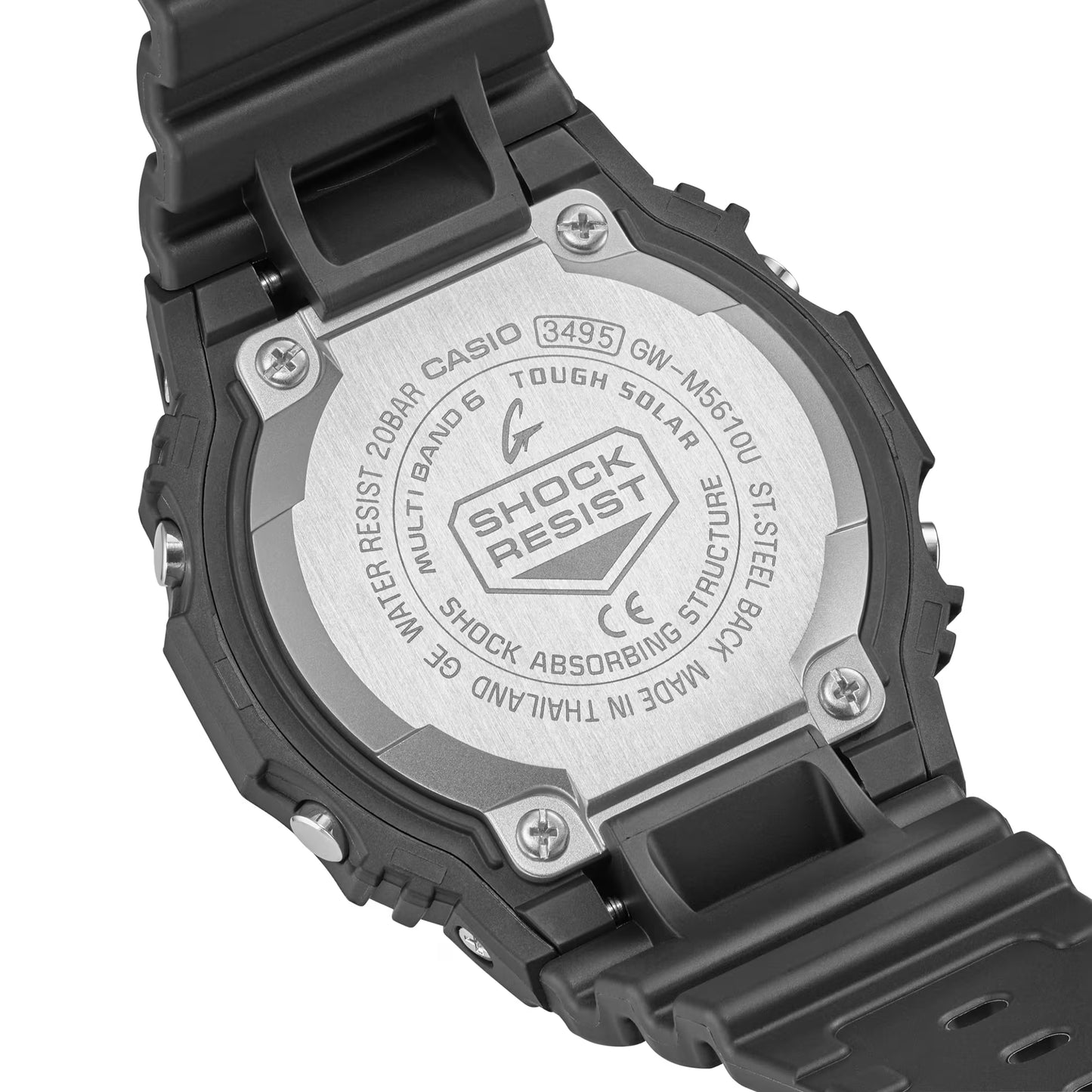 Casio G-Shock klocka baksida med inskriptionen ”Shock Resist” och skruvat boettlock