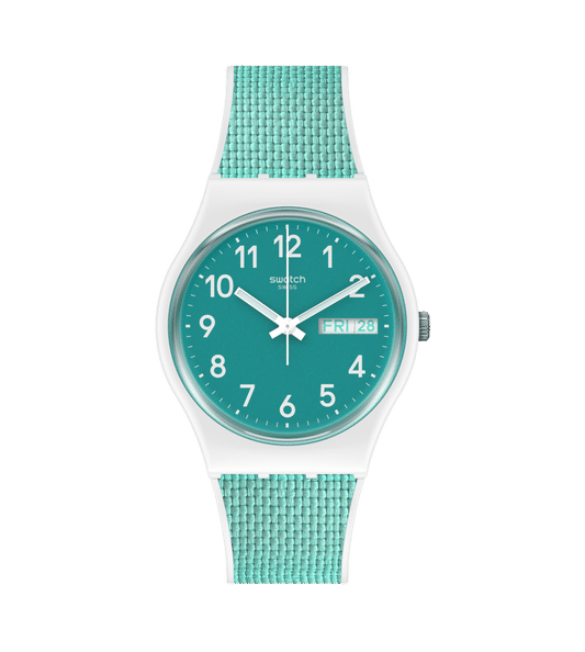 Swatch Originals GW714 Armbanduhr Weiß • Türkises Zifferblatt • Silikon-Armband mit Stoffeinlage