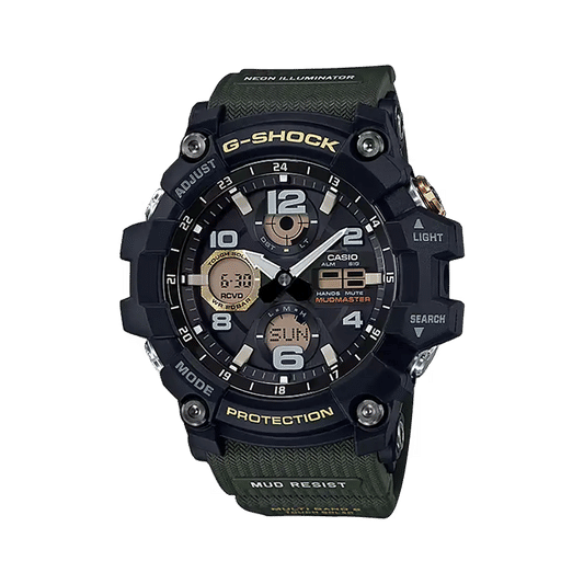 Casio G-Shock Mudmaster Herrenuhr mit schwarzem Zifferblatt und grünem Armband