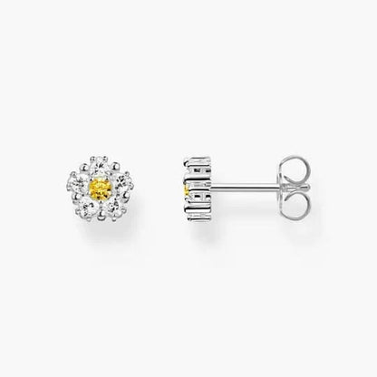 Små örhängen med blommotiv, silverfärgad, gul mitt och gnistrande stenar