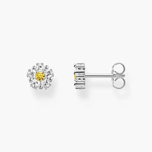 Små örhängen med blommotiv, silverfärgad, gul mitt och gnistrande stenar