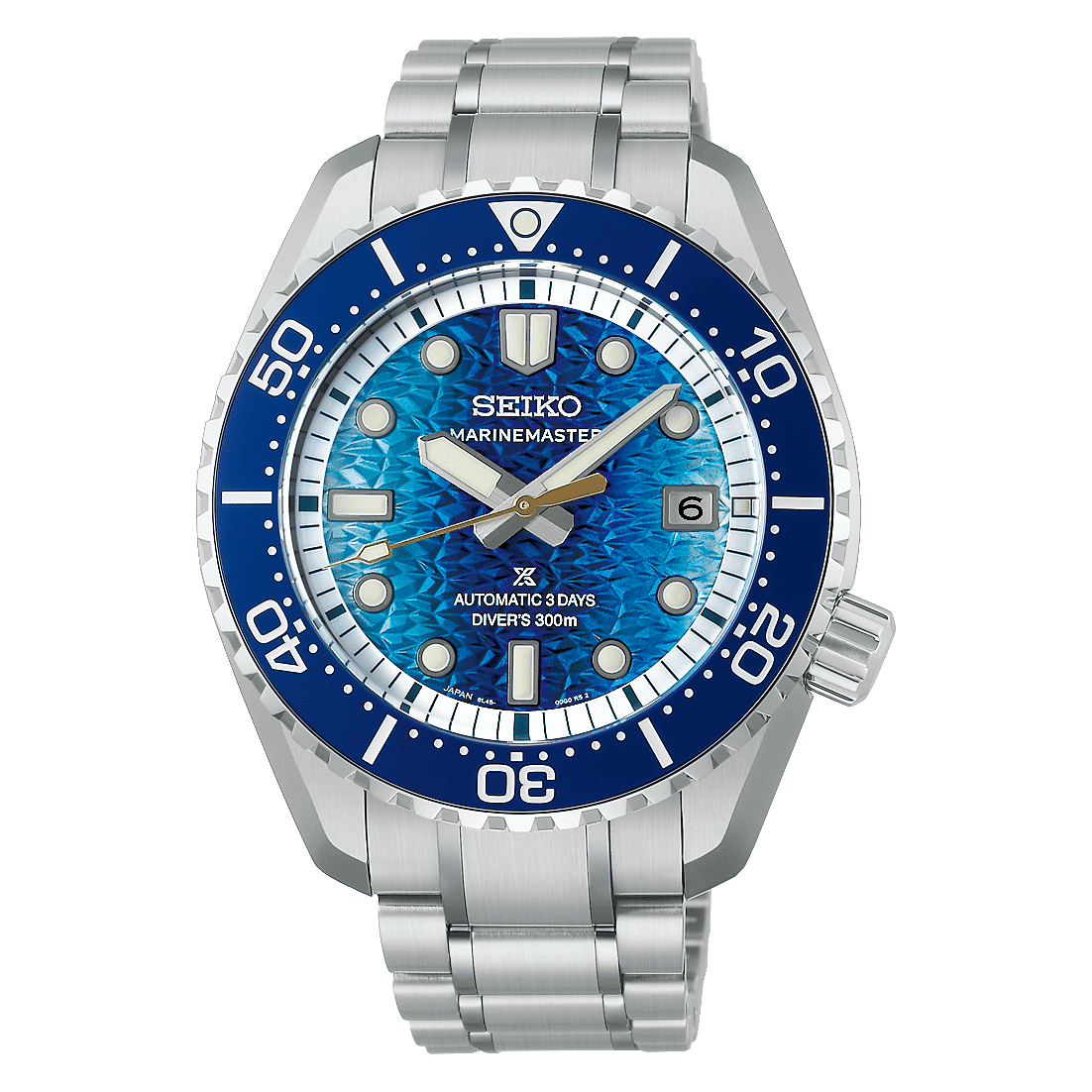 Seiko Marinemaster Herrenarmbanduhr mit blauem Zifferblatt und strukturierter Taucherlünette aus Edelstahl