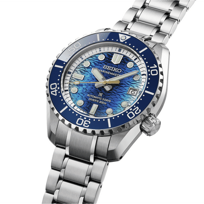 Seiko Marinemaster Herrenarmbanduhr, blaues Zifferblatt, breite Lünette mit Leuchtpunkten, Edelstahl