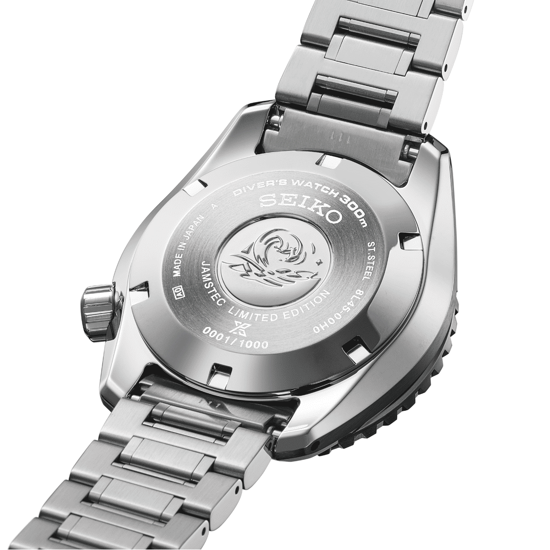 Seiko Marinemaster Edelstahl-Gehäuseboden mit Gravur „Limited Edition“ und Bandgliedern