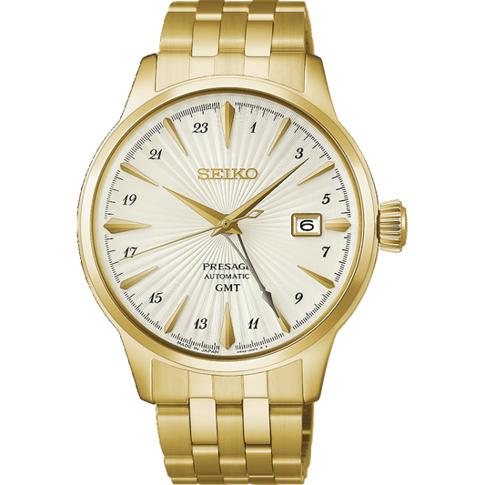 Seiko PRESAGE Herrenarmbanduhr mit goldenem Edelstahlband, rundem Zifferblatt mit GMT/Datum