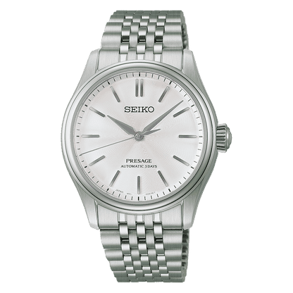 Seiko Presage Herrenarmbanduhr mit silbernem Zifferblatt und Edelstahlarmband