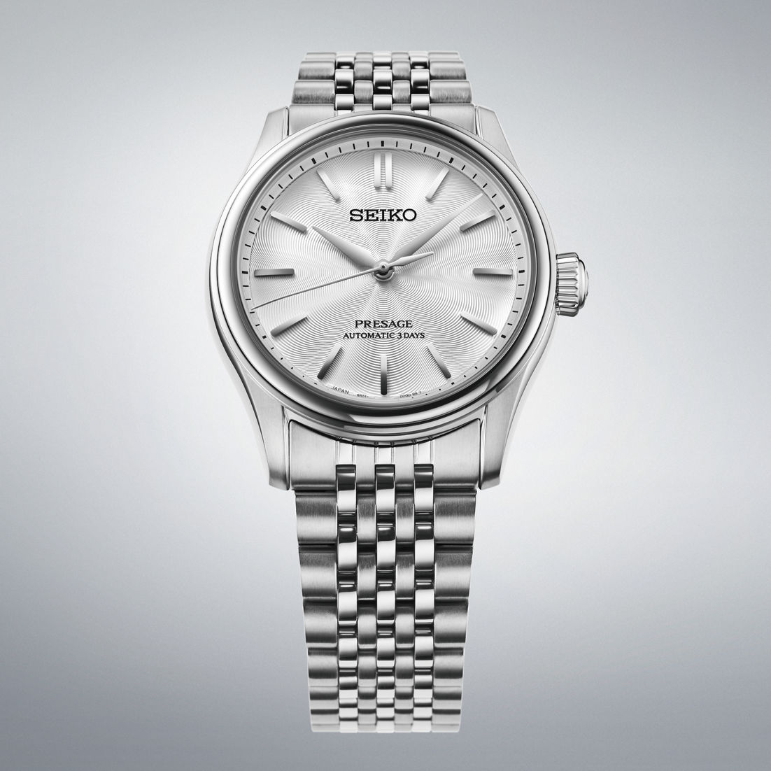 Seiko Presage Herrenarmbanduhr mit silbernem Zifferblatt und Edelstahlgehäuse