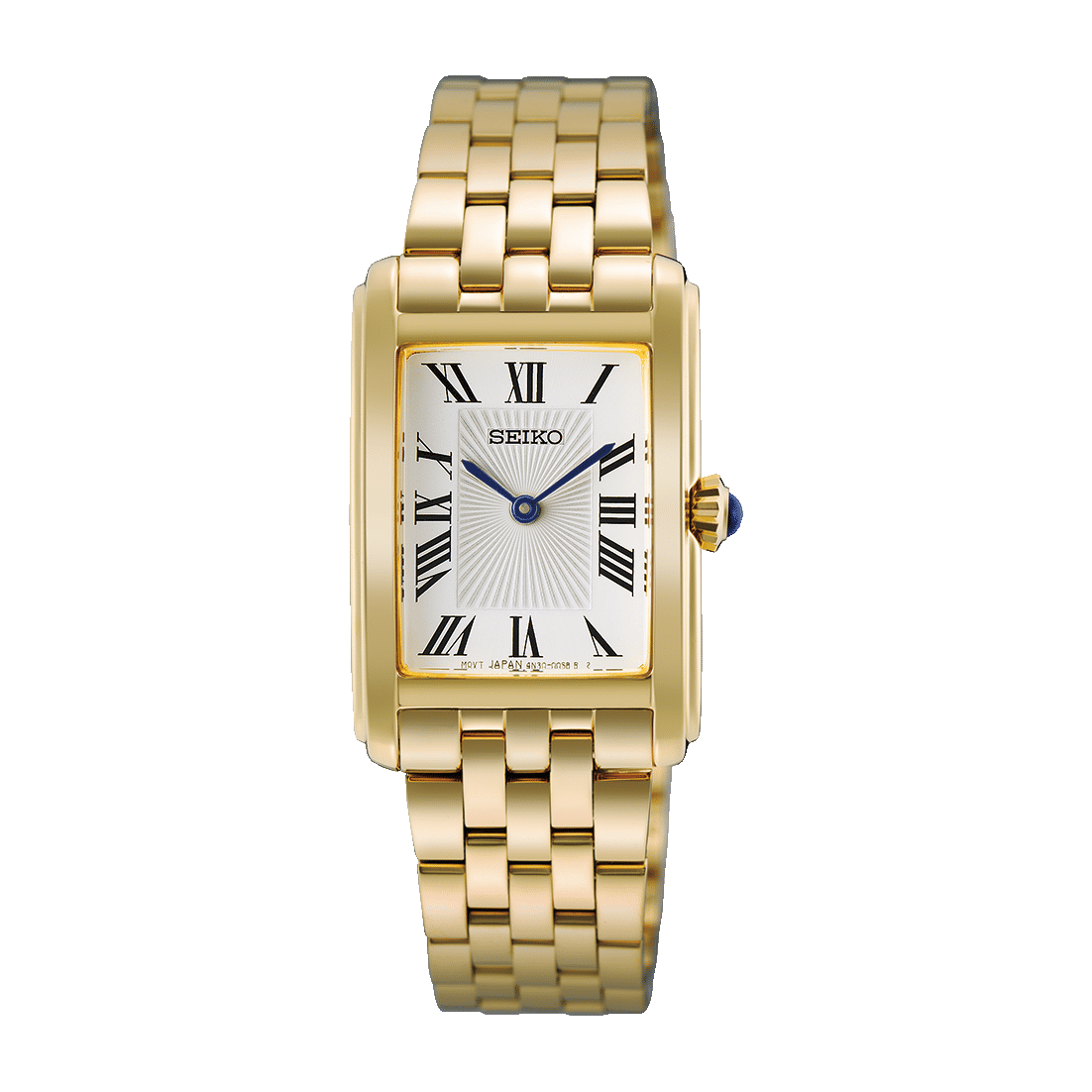 Seiko Damenarmbanduhr goldfarben mit rechteckigem Analogzifferblatt und Metallarmband