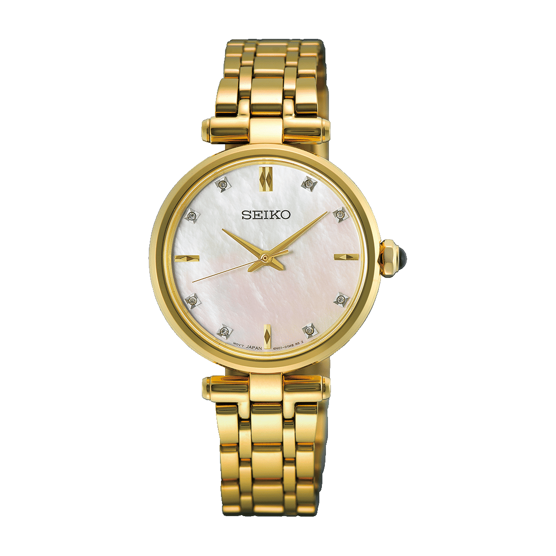 Damenuhr mit goldfarbenem Metallarmband, rundem Perlmutt-Zifferblatt und Diamantindizes