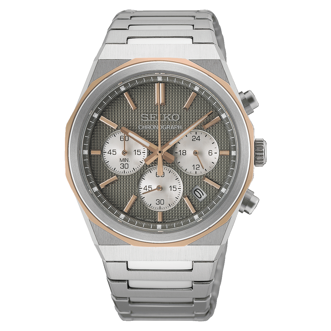 Herren-Chronographenarmbanduhr: silbernes Edelstahlband, zweifarbiges Zifferblatt, 3 Hilfszifferblätter