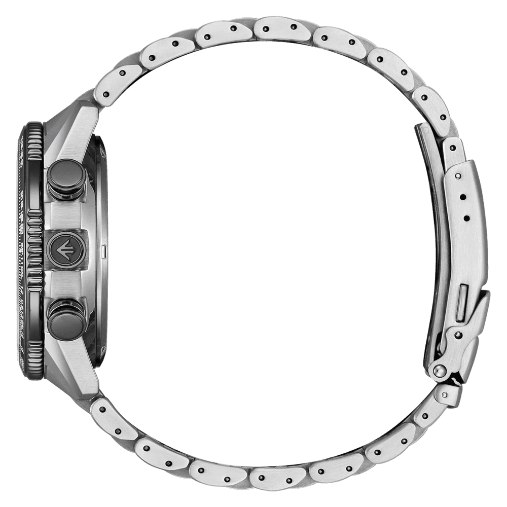 Klockfodral med armband i rostfritt stål och synlig krona, sidovy