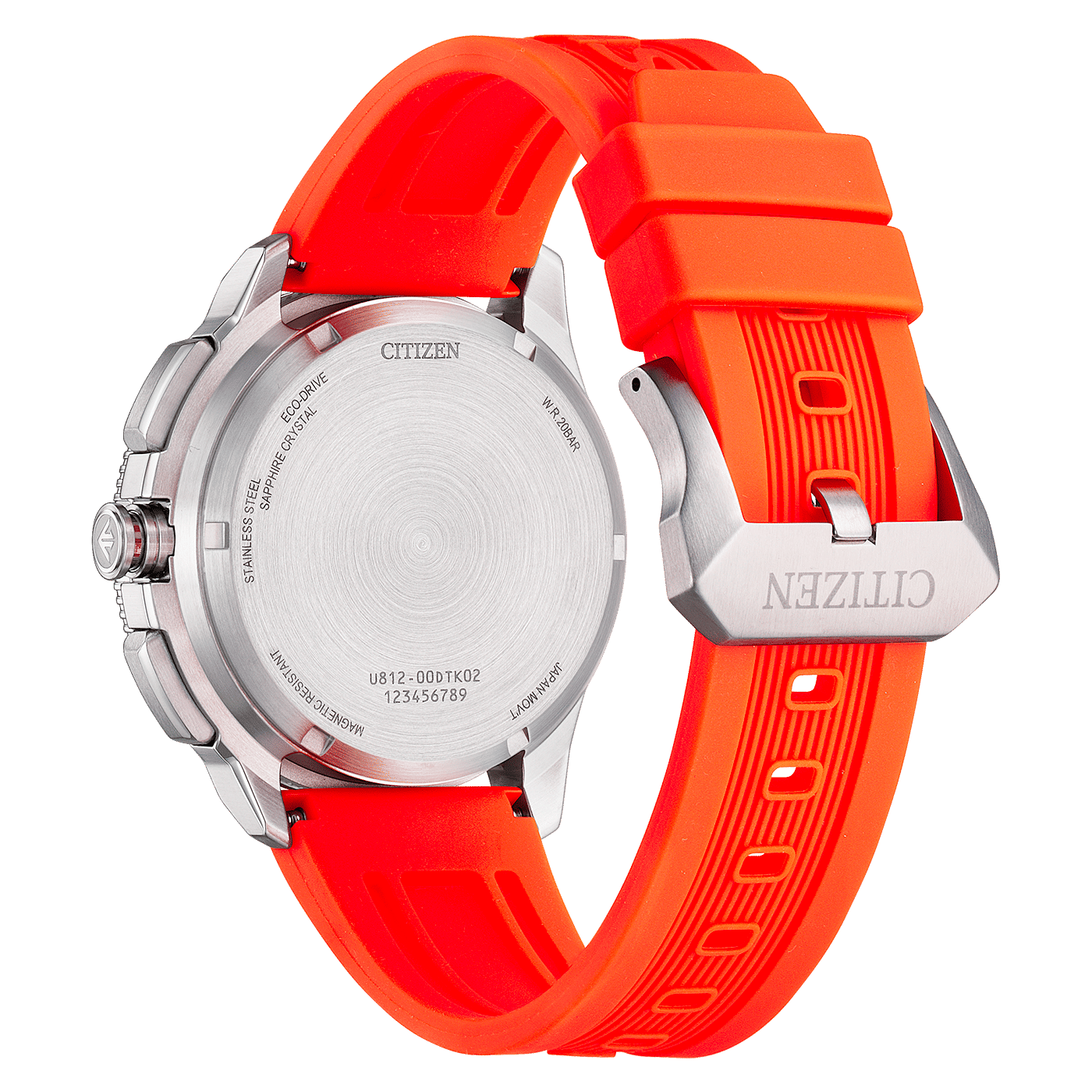Citizen Promaster Herrenarmbanduhr Rückseite mit silbernem Gehäuse und orangefarbenem Band