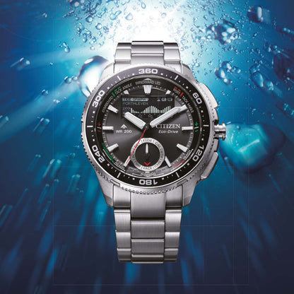 Herrenarmbanduhr Citizen PROMASTER mit schwarzem Zifferblatt, Edelstahlband und Leuchtzeigern