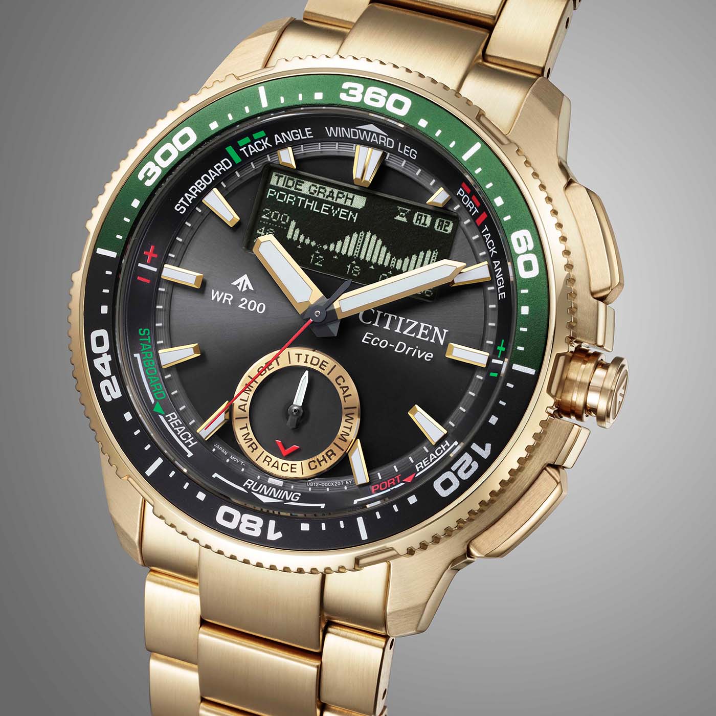 Herrenarmbanduhr Vorderansicht: schwarzes Zifferblatt, grüne Lünette, goldfarbenes Gehäuse