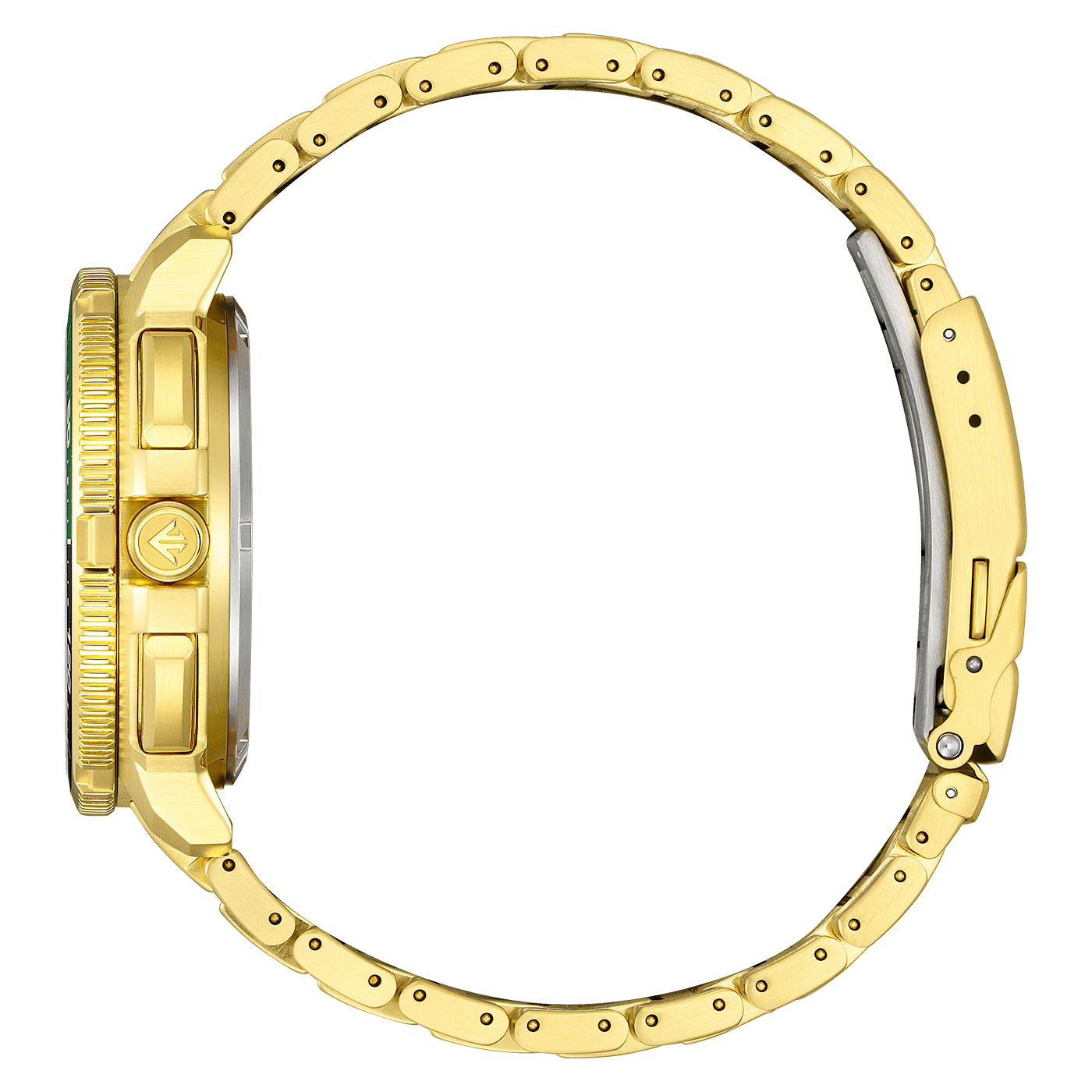 Herrenarmbanduhr Gehäuseseite mit Krone und goldfarbenem Edelstahlarmband