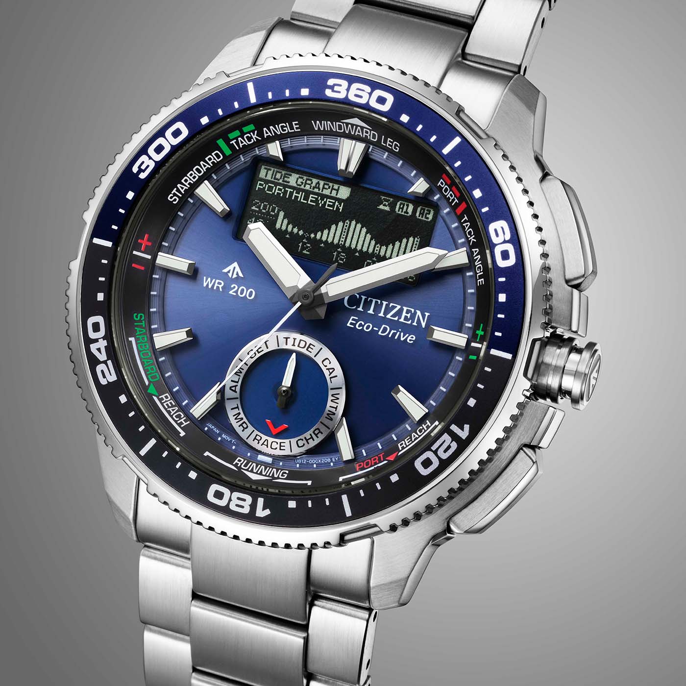 Citizen PROMASTER Wave Tracker Armbanduhr im Detail: blaues Zifferblatt, Stahlgehäuse, Kronenschutz