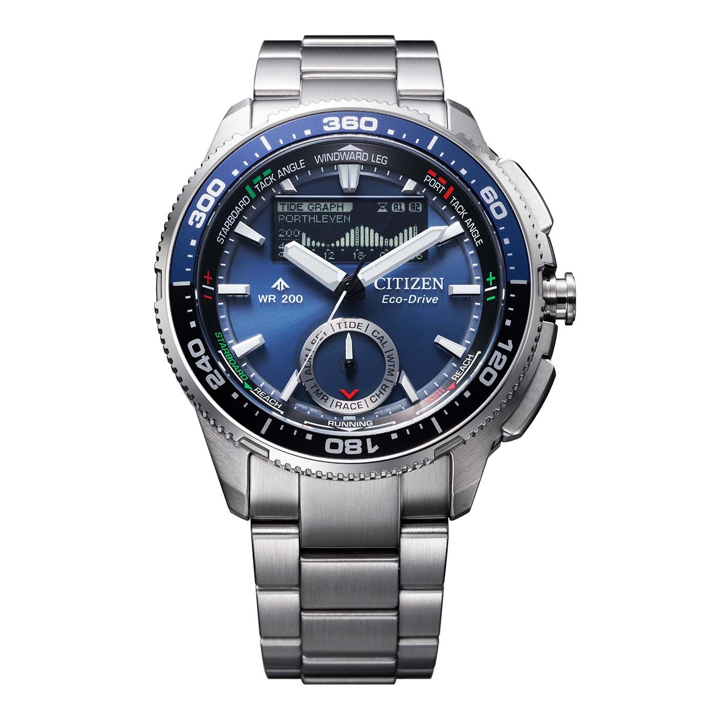 Citizen PROMASTER Wave Tracker Herren-Armbanduhr mit blauem Display und Metallarmband