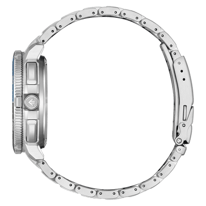 Citizen PROMASTER Wave Tracker Armbanduhr-Rückansicht mit Edelstahlgehäuse und Gliederarmband