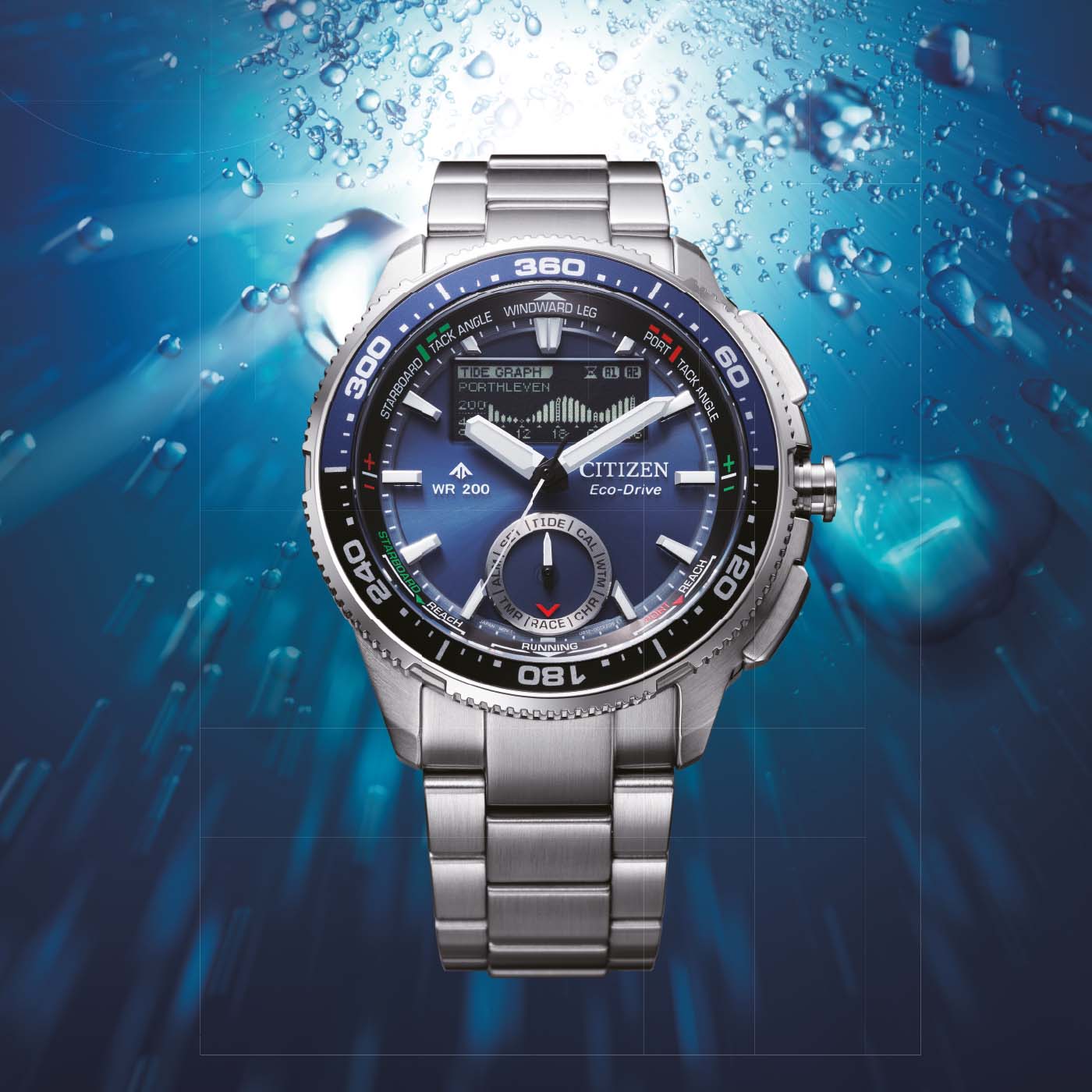 Citizen PROMASTER Wave Tracker Herren-Armbanduhr mit blauem Zifferblatt und Metallarmband