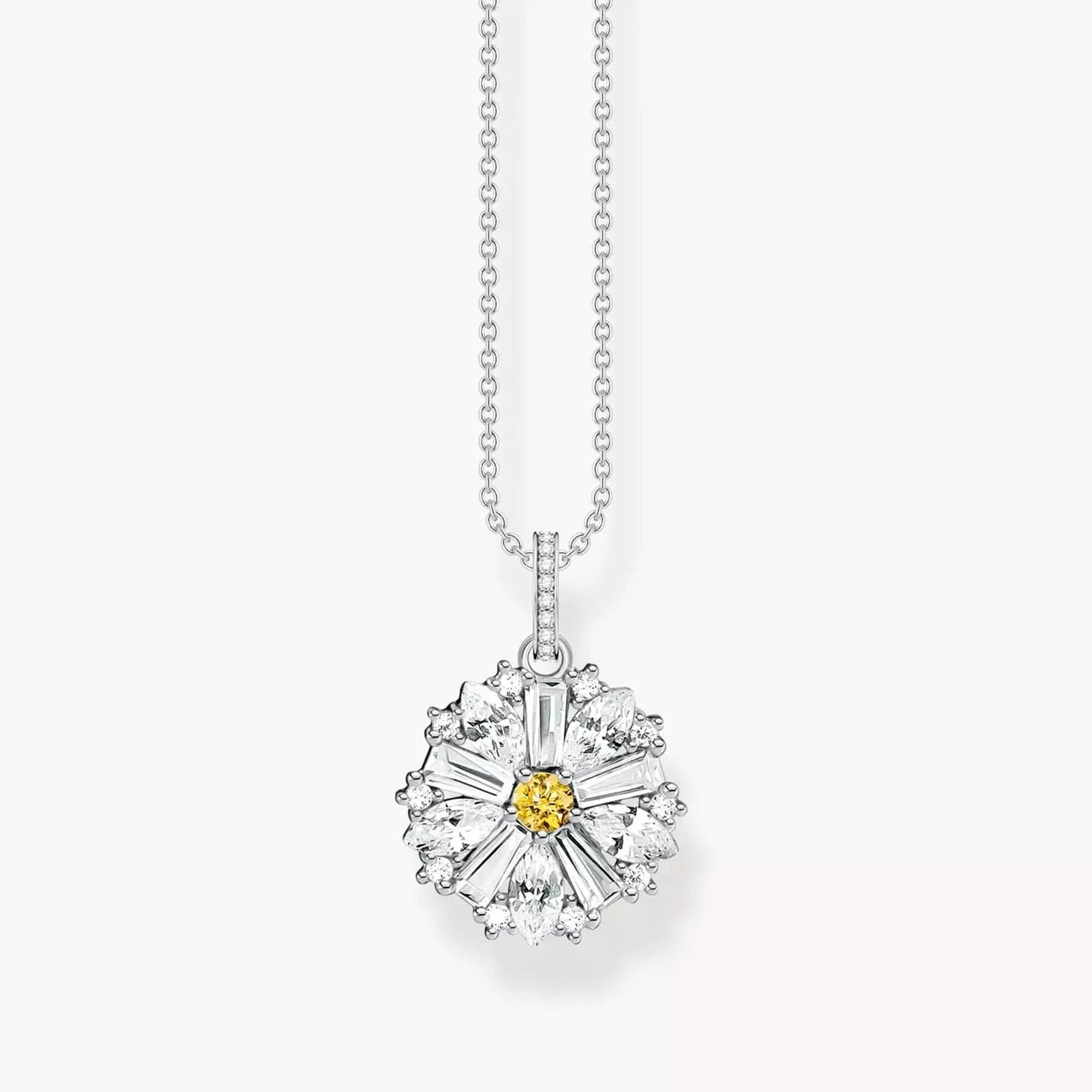 "Halsband i silverfärg med blomformad berlock och gul strass"