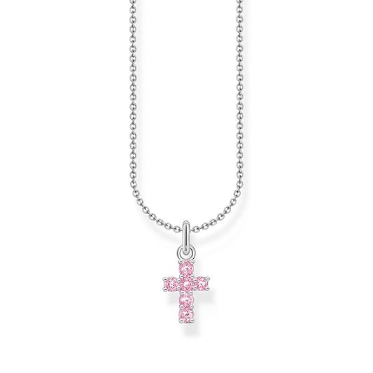 Halsband i silverfärg med hänge i form av ett rosa kors, pansarkedja.