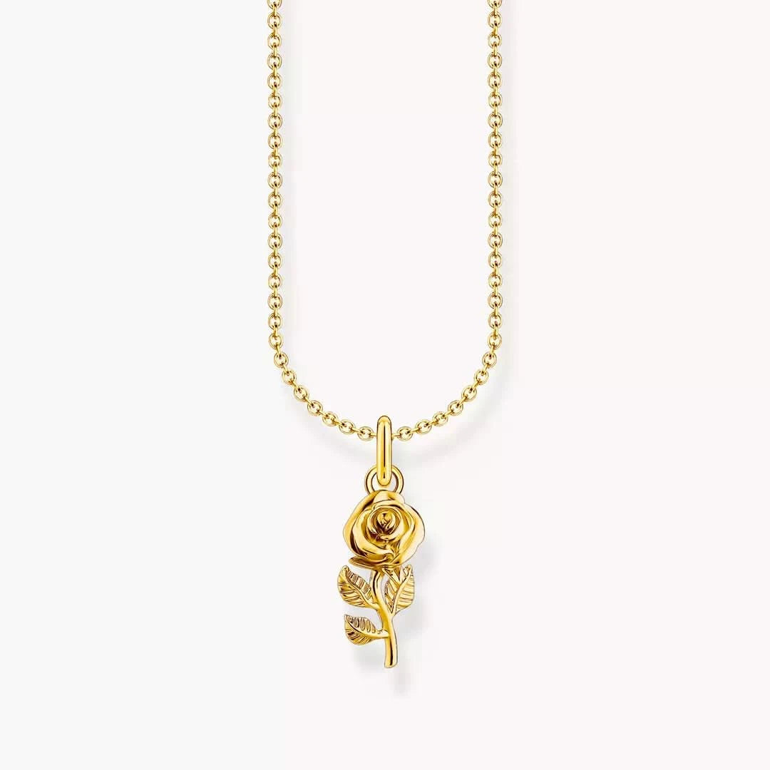 Guldbelagt halsband med rosberlock, fin länkkedja och runt berlockmotiv