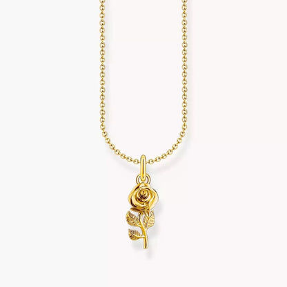 Guldbelagt halsband med rosberlock, fin länkkedja och runt berlockmotiv