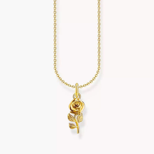 Guldbelagt halsband med rosberlock, fin länkkedja och runt berlockmotiv