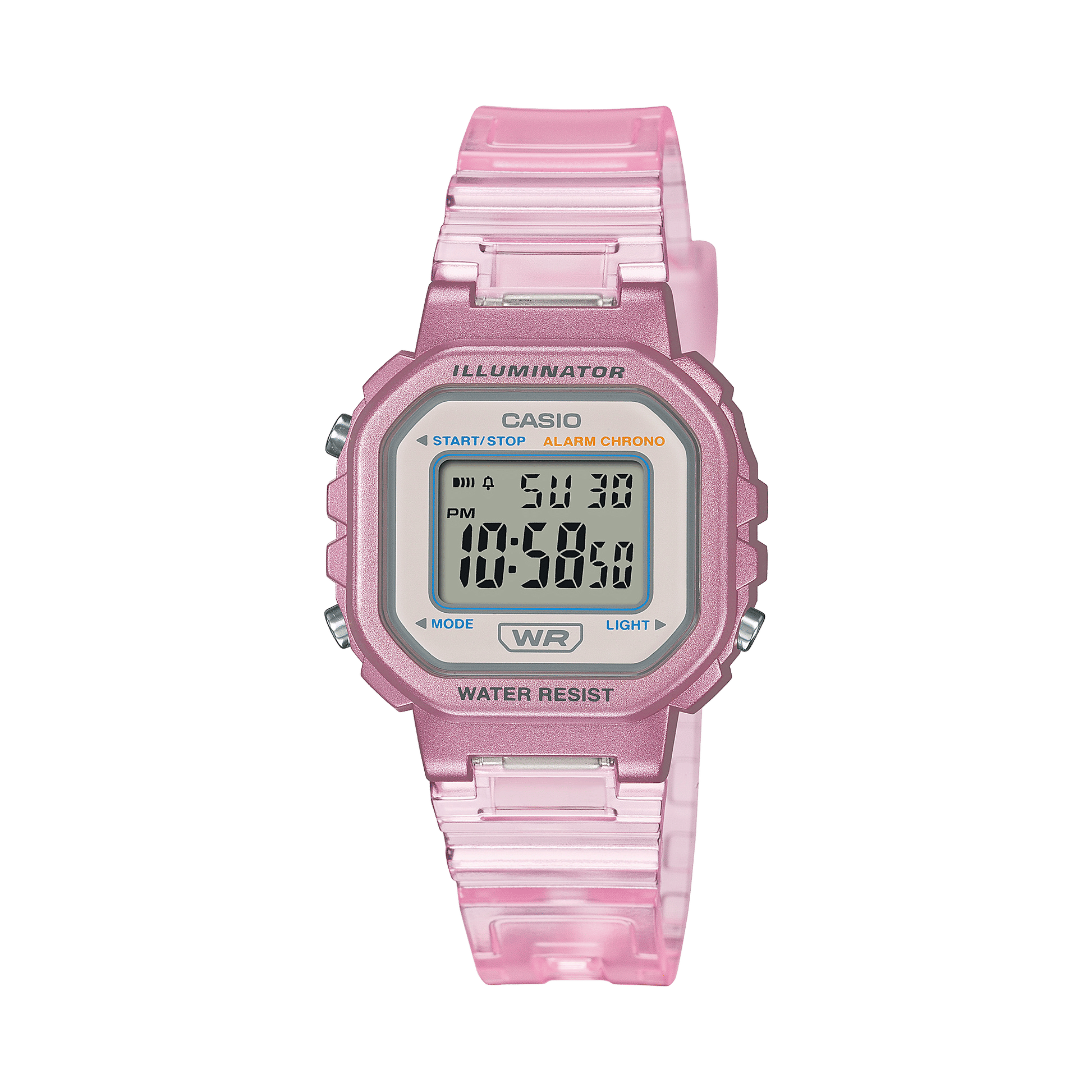 Rosa Digitaluhr für Damen mit Display, Bedienelement „LIGHT“ und „WATER RESIST“