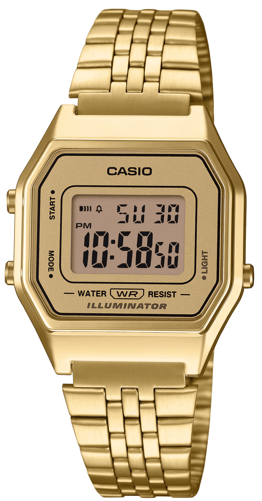 Casio damklocka med guldfärgat metallarmband och LED digital display