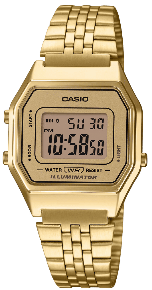 Casio damklocka med guldfärgat metallarmband och LED digital display